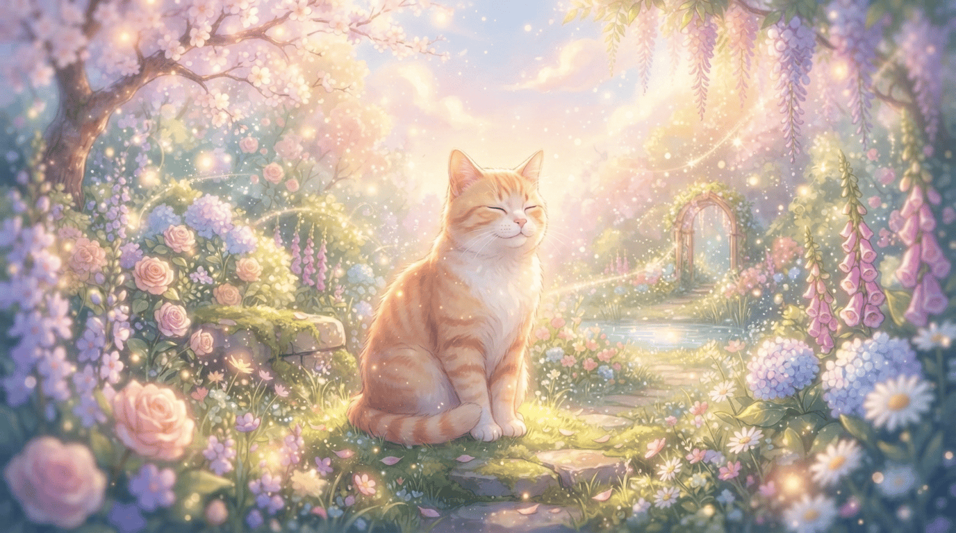 A cat and their companion in a warm garden memory