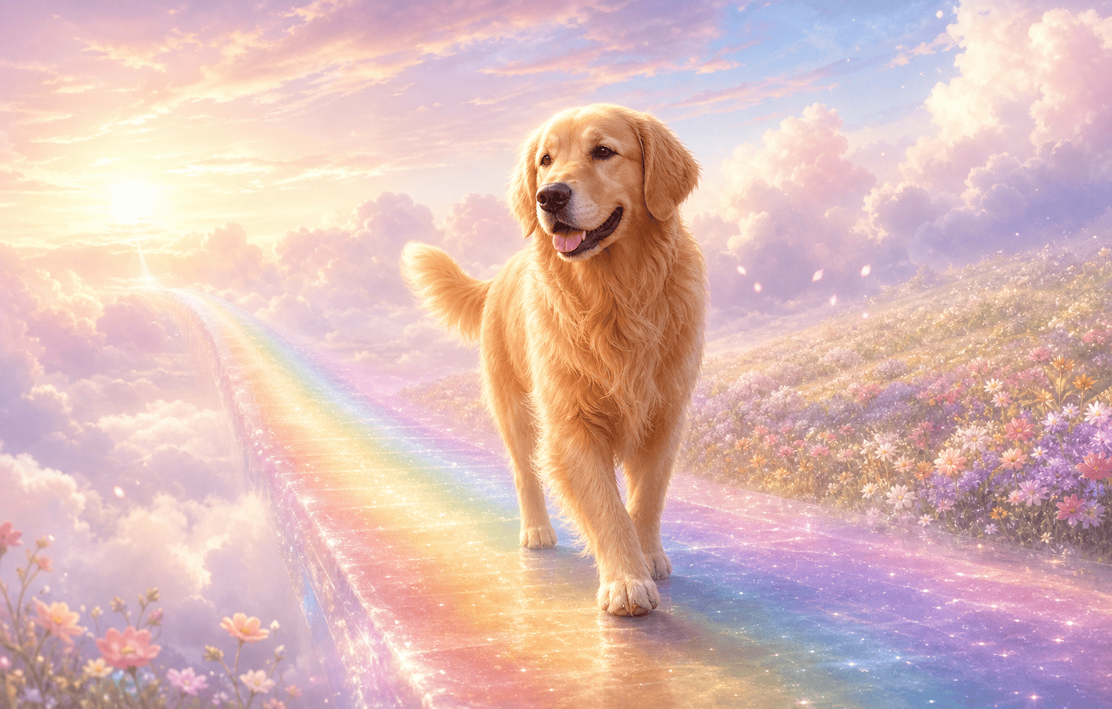 A peaceful dog memory beneath a rainbow bridge